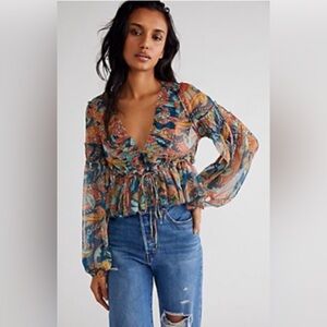 Free People Cassiopeia Long Sleeve Ruffle Top in Sapphire Combo